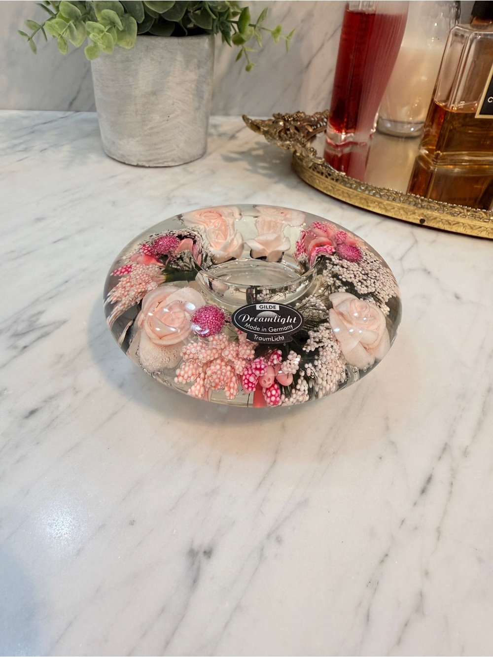 Gilde Dreamlight Glass Candle Holder with Flowers "Little Rose' Made in Germany - Picture 12 of 15